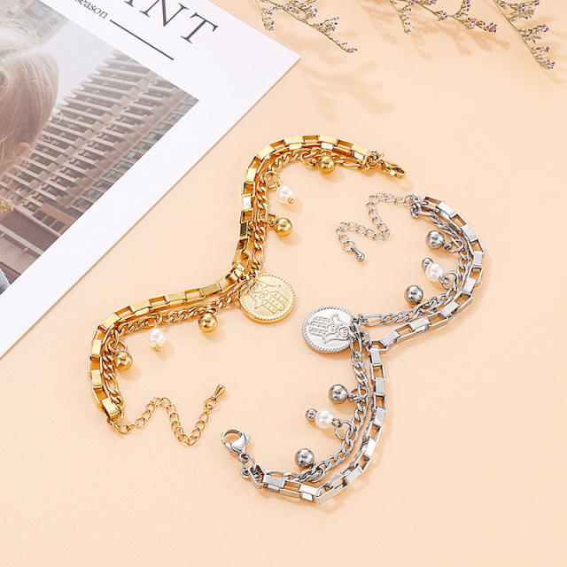 INS coin charm stainless steel chain bracelet