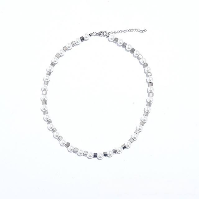 Personality natural stone bead stainless steel necklace for women