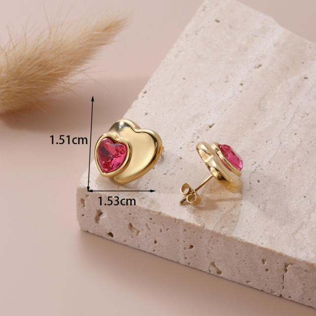 New year red color ruby cubic zircon heart stainless steel earrings collection