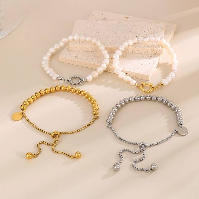 18K real gold plated bead pearl bead stainless steel bracelet
