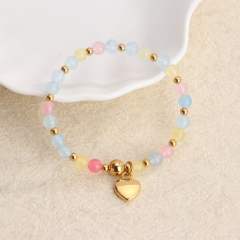 Colorful natural stone bead heart clover cross life tree charm elastic stainless steel bracelet