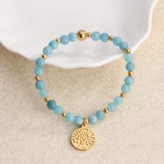 Colorful natural stone bead heart clover cross life tree charm elastic stainless steel bracelet
