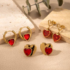 New year red color ruby cubic zircon heart stainless steel earrings collection