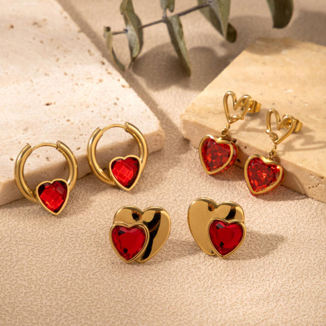 New year red color ruby cubic zircon heart stainless steel earrings collection