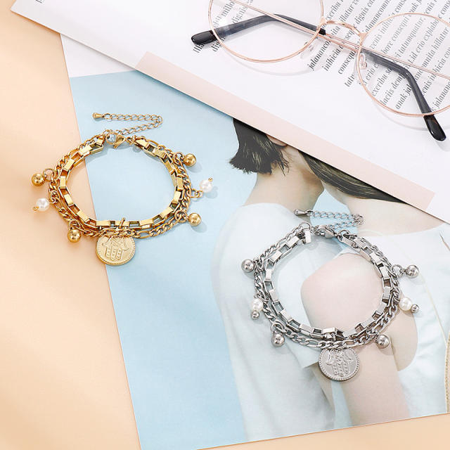 INS coin charm stainless steel chain bracelet