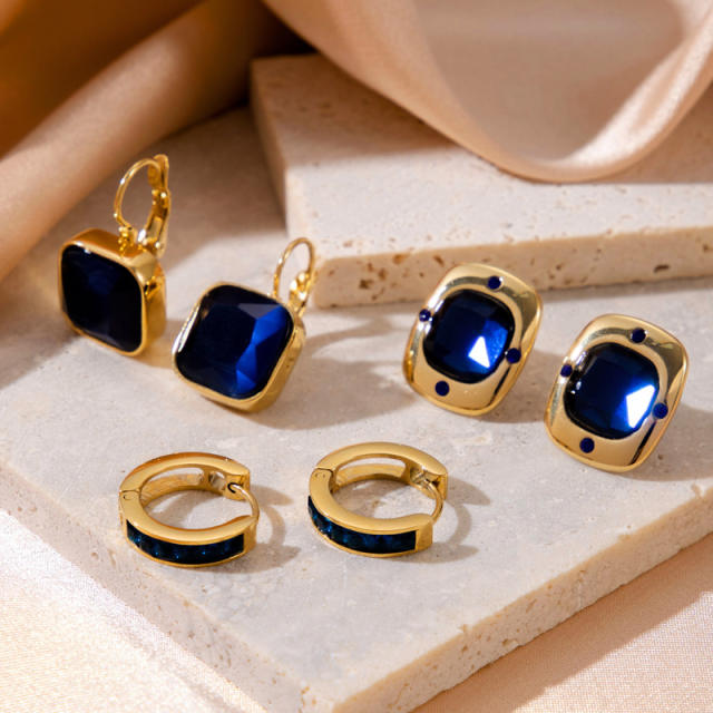 Concise easy match sapphire blue cubic zircon stainless steel earrings collection