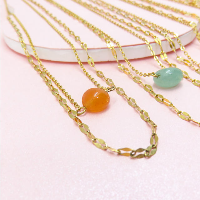 INS dainty natural stone bead two layer stainless steel necklace