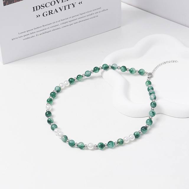 Personality natural stone bead stainless steel necklace for women