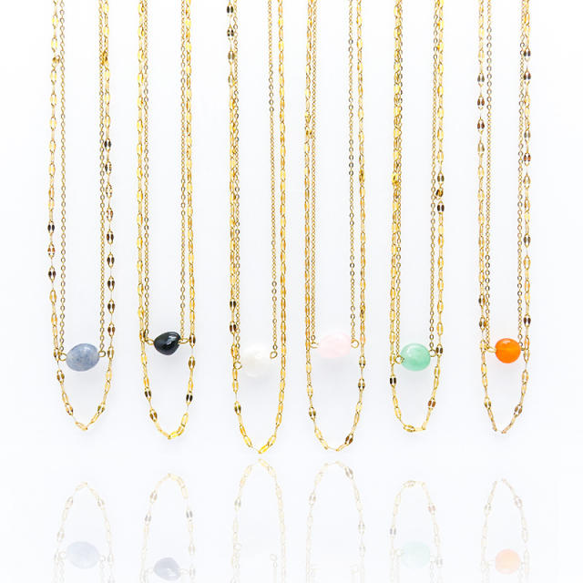 INS dainty natural stone bead two layer stainless steel necklace