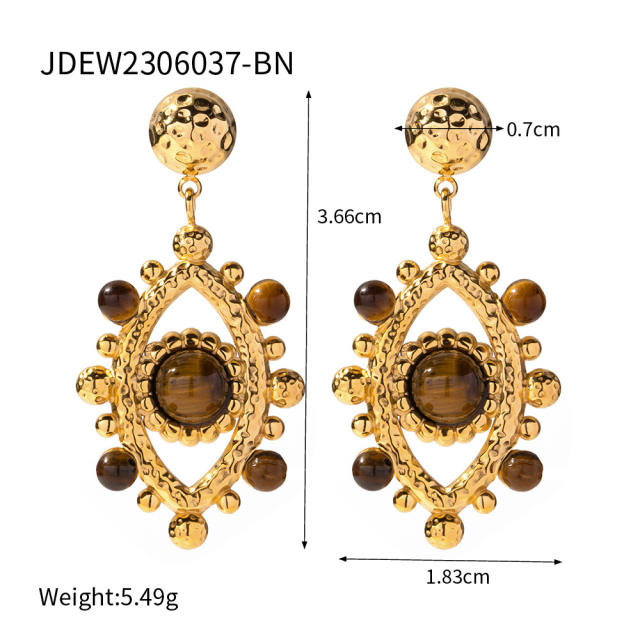 Vintage hollow out evil eye tiger eye bead stainless steel earrings