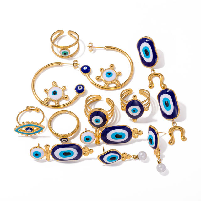 Vintage blue eye evil eye series stainless steel earrings rings set collection