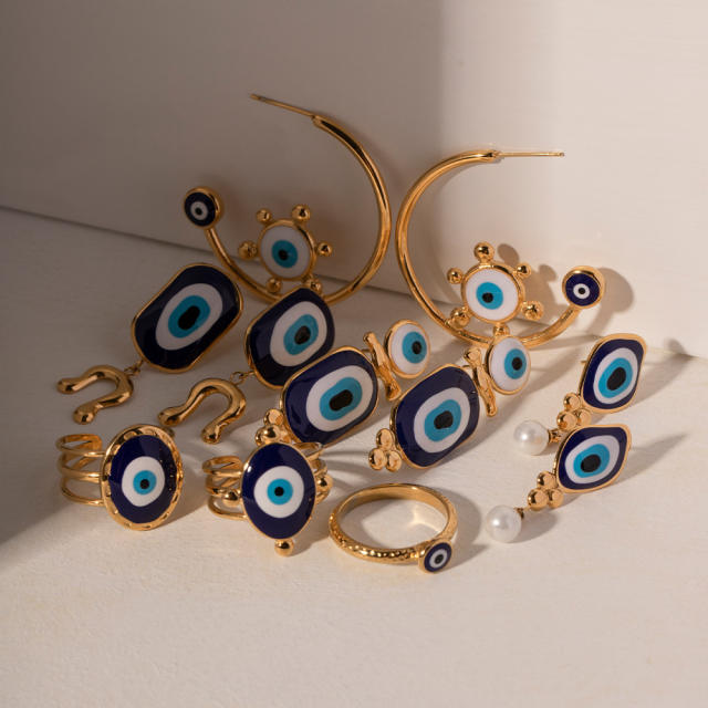 Vintage blue eye evil eye series stainless steel earrings rings set collection