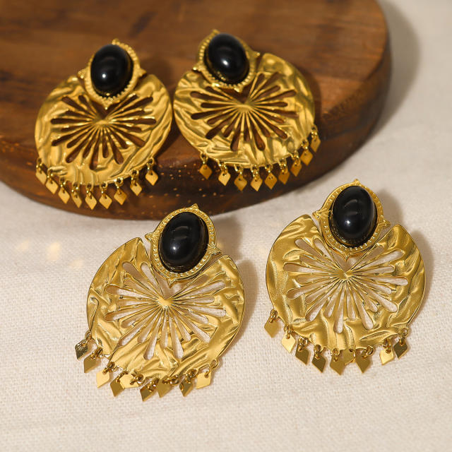 Vintage gold color hollow out tassel black stone stainless steel earrings
