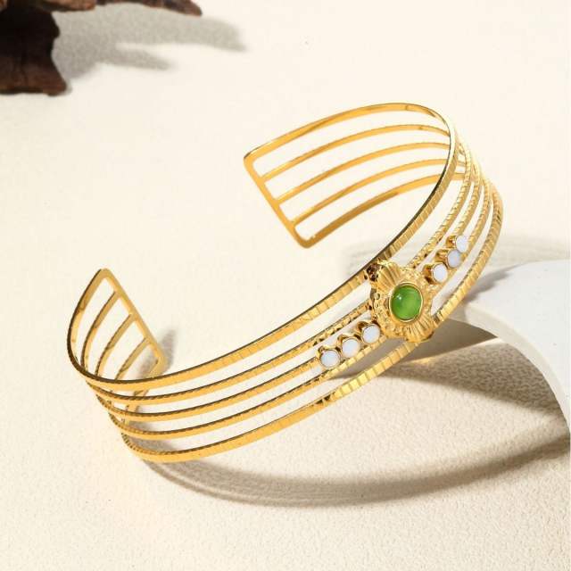 Hot sale emerald statement stainless steel cuff bangle rings set