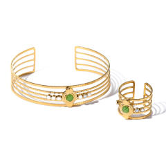 Hot sale emerald statement stainless steel cuff bangle rings set