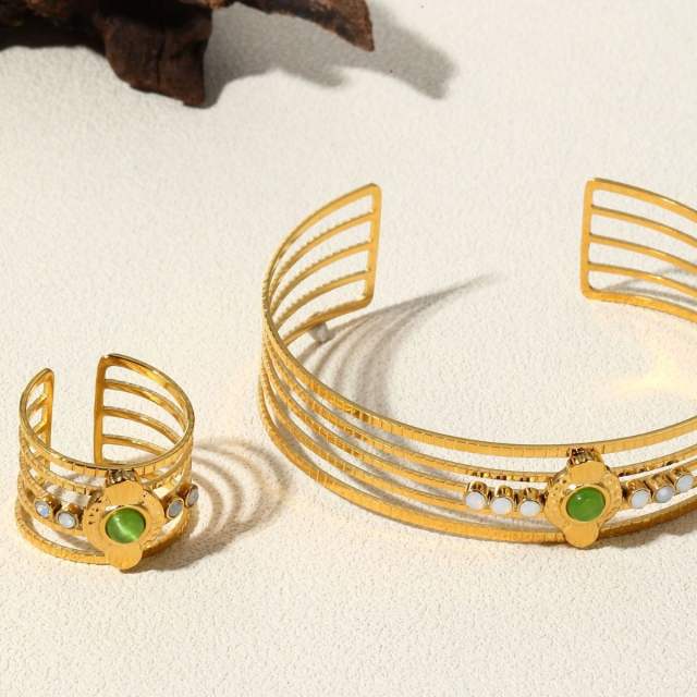 Hot sale emerald statement stainless steel cuff bangle rings set