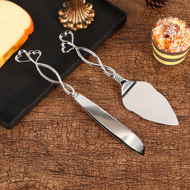 Silver color hollow out heart handle wedding knife server set