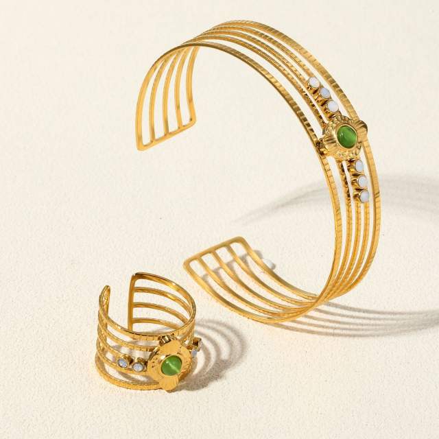 Hot sale emerald statement stainless steel cuff bangle rings set