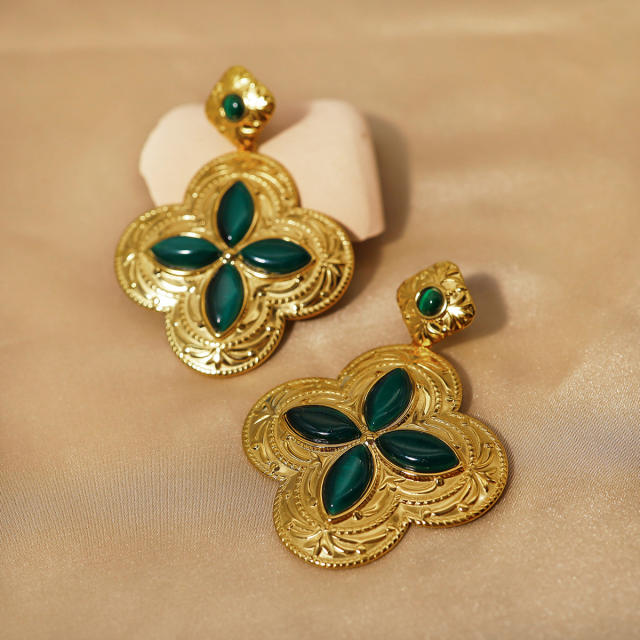 18K emerald statement clover stainless steel dangle earrings
