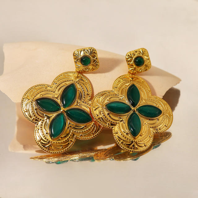 18K emerald statement clover stainless steel dangle earrings