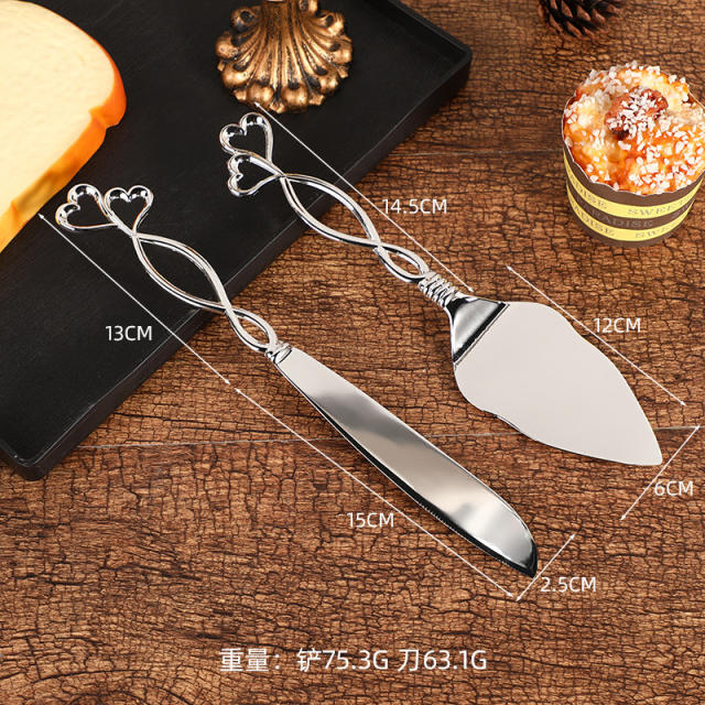 Silver color hollow out heart handle wedding knife server set