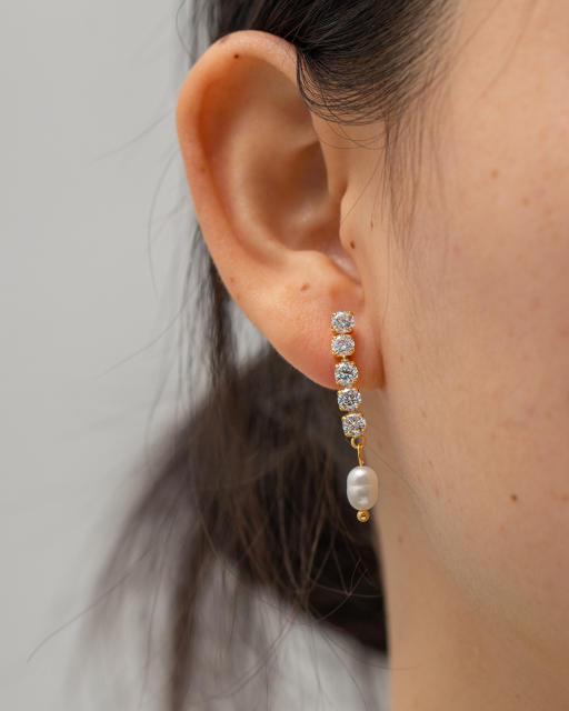 Delicate diamond pearl drop stainless steel earrings