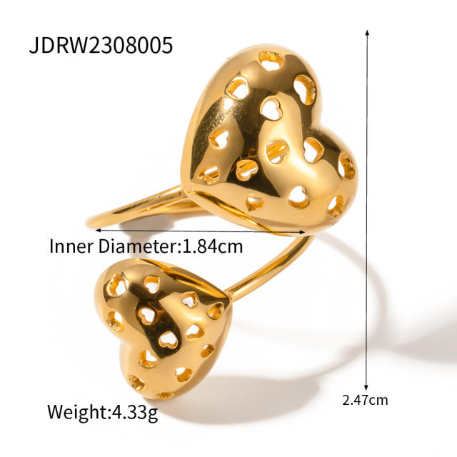18KG gold plated hollow out heart ball bead chunky stainless steel earrings rings collection
