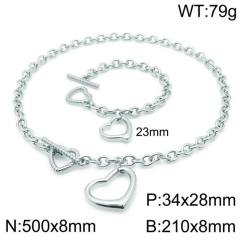 Chunky hollow out heart pendant stainless steel chain necklace bracelet set