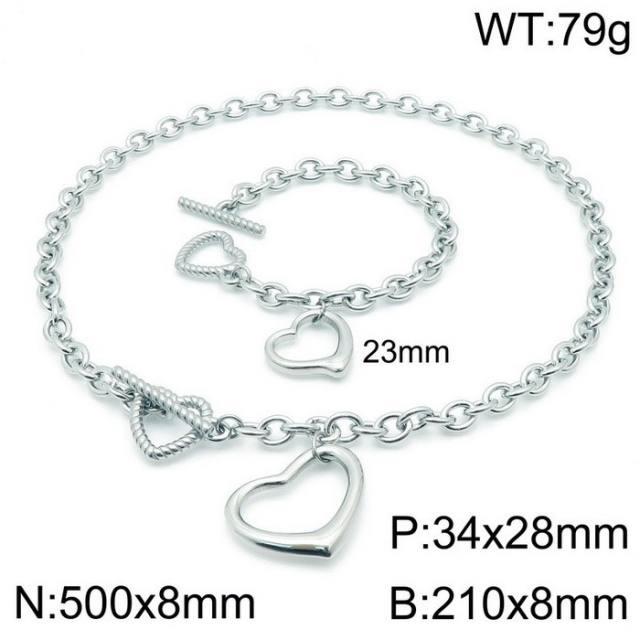 Chunky hollow out heart pendant stainless steel chain necklace bracelet set