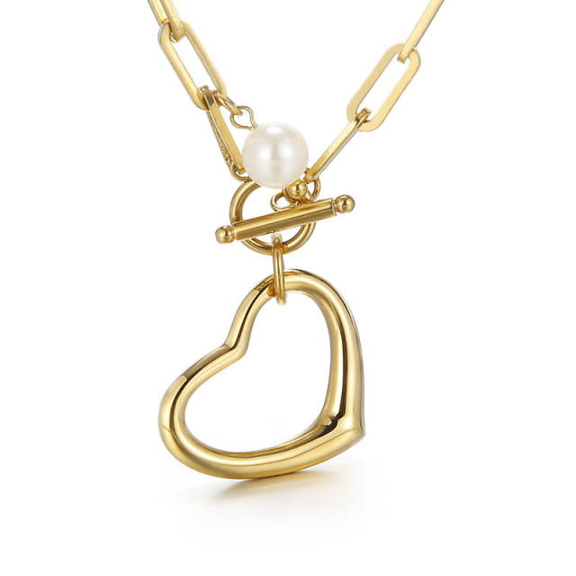 Chunky chain hollow out heart pearl pendant toggle stainless steel necklace set