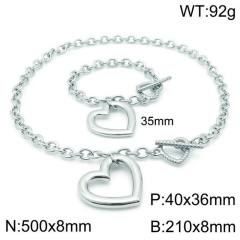 Chunky hollow out heart pendant stainless steel chain necklace bracelet set