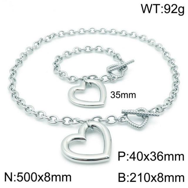 Chunky hollow out heart pendant stainless steel chain necklace bracelet set