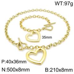 Chunky hollow out heart pendant stainless steel chain necklace bracelet set