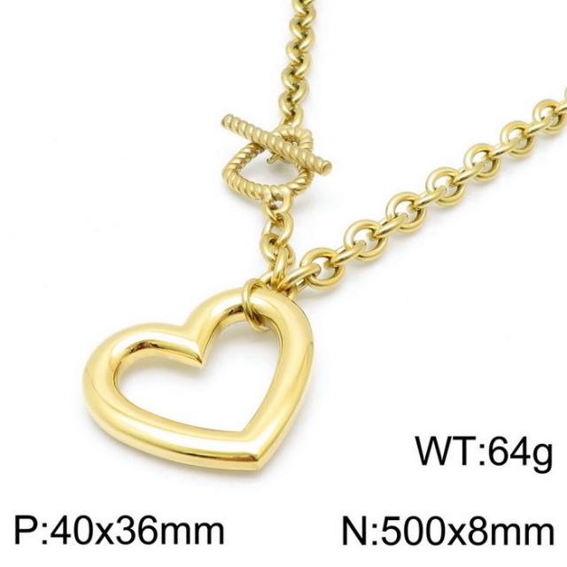 Chunky hollow out heart pendant stainless steel chain necklace bracelet set
