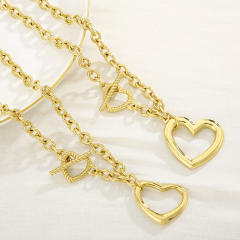Chunky hollow out heart pendant stainless steel chain necklace bracelet set