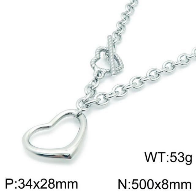 Chunky hollow out heart pendant stainless steel chain necklace bracelet set