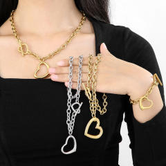 Chunky hollow out heart pendant stainless steel chain necklace bracelet set