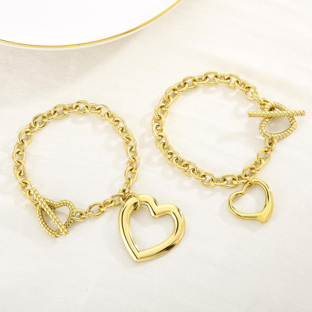 Chunky hollow out heart pendant stainless steel chain necklace bracelet set