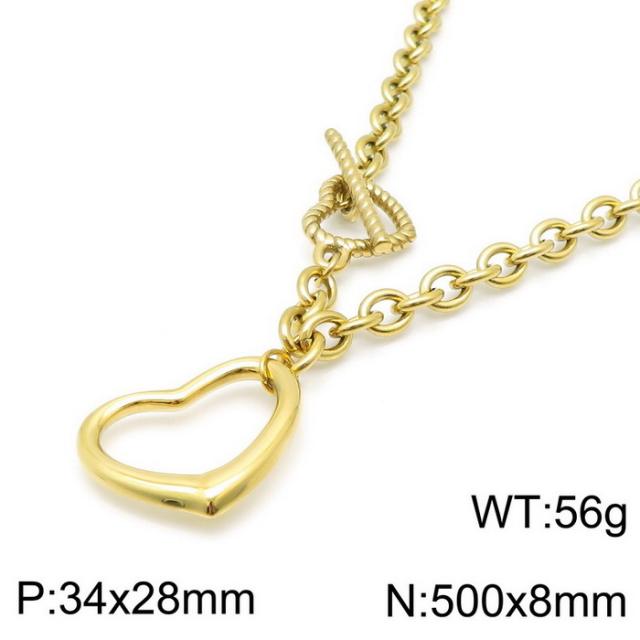 Chunky hollow out heart pendant stainless steel chain necklace bracelet set