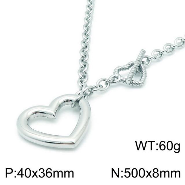 Chunky hollow out heart pendant stainless steel chain necklace bracelet set
