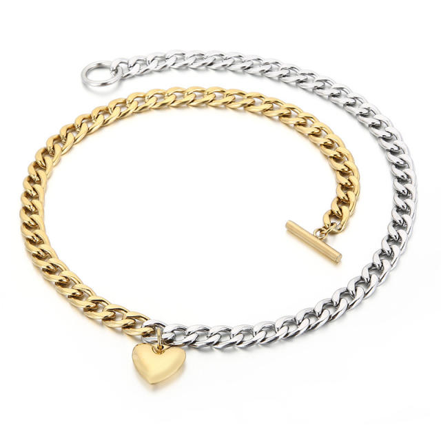 Toggle chain stainless steel two tone heart pendant necklace bracelet set