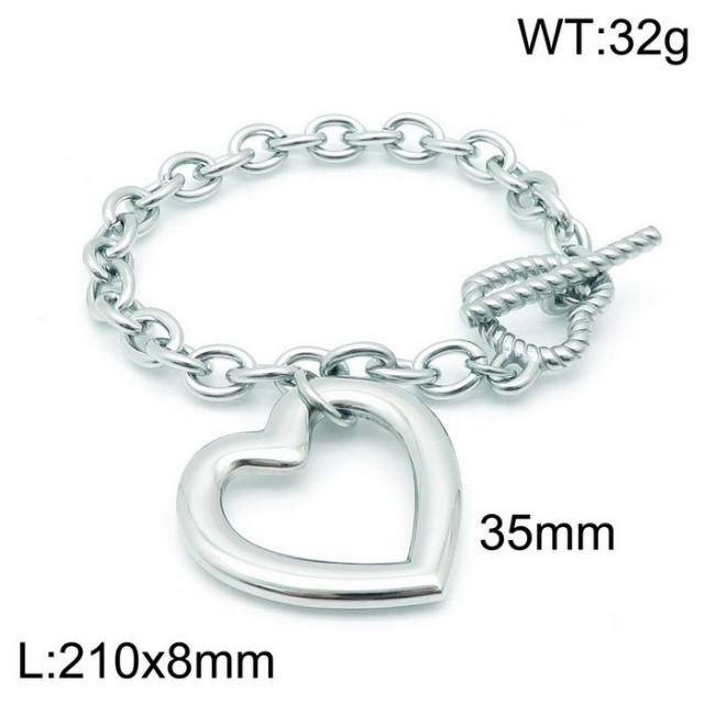 Chunky hollow out heart pendant stainless steel chain necklace bracelet set