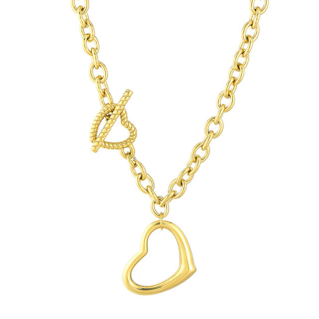 Chunky hollow out heart pendant stainless steel chain necklace bracelet set