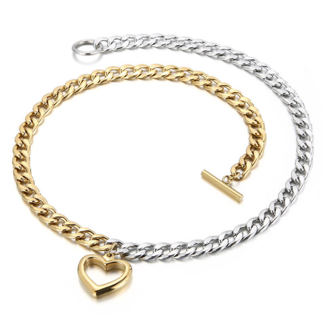 Chunky cuban link chain heart pendant two tone stainless steel necklace bracelet set
