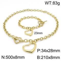 Chunky hollow out heart pendant stainless steel chain necklace bracelet set