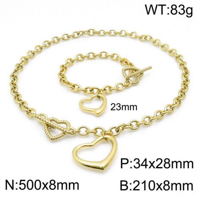 Chunky hollow out heart pendant stainless steel chain necklace bracelet set