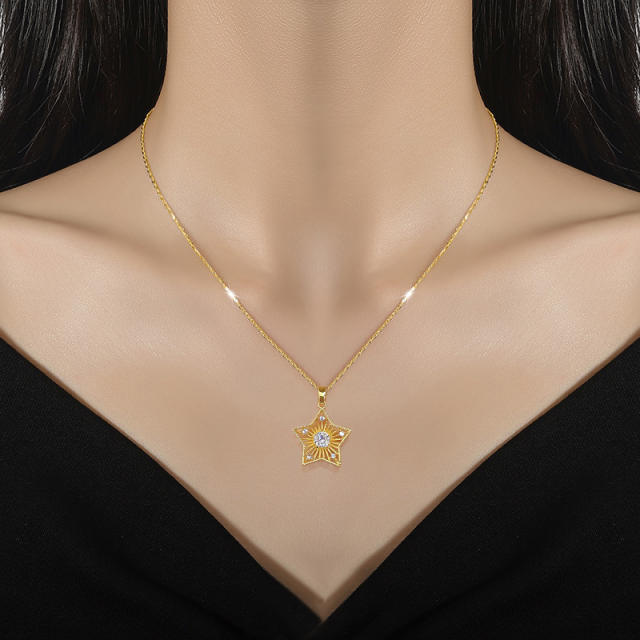 Hollow out star pendant stainless steel chain necklace