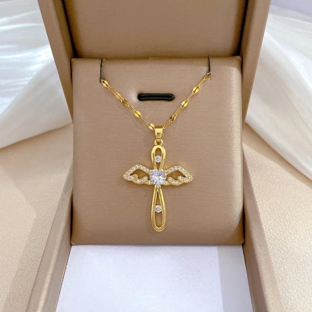 Delicate hollow out angel cross pendant stainless steel chain necklace