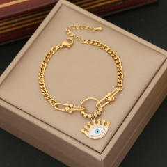 Personality clover evil eye charm stainless steel chain bracelet