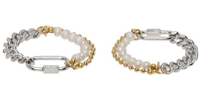 Personality two tone stainless steel chain water pearl bead bracelet